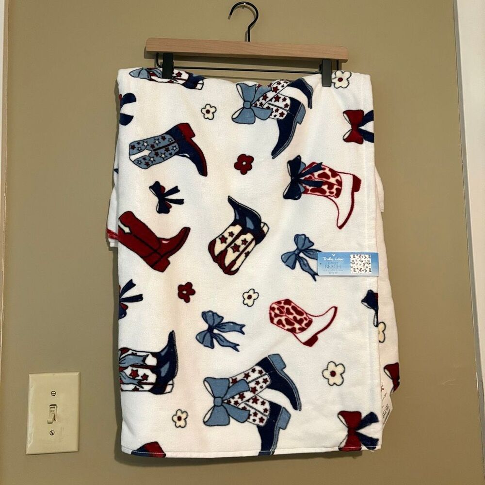Truly Lou Cowgirl Boot Western Bows Flowers Stars Red White Blue Beach Towel